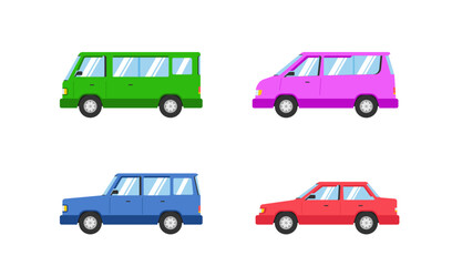 Cars collection. Vector illustration in flat style. transport concept. Isolated on white background. Set of of different models of cars;taxi, sedan, van, pickup