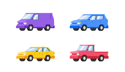 Cars collection. Vector illustration in flat style. transport concept. Isolated on white background. Set of of different models of cars;taxi, sedan, van, pickup - obrazy, fototapety, plakaty