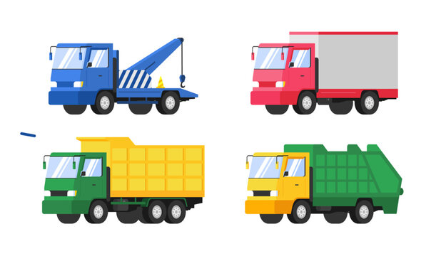 Set of  heavy duty trucks. Vector flat style illustration.