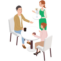 アイソメ 男女カップル　おでかけデート　カフェでパフェ
