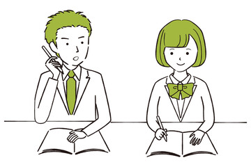手描き1color　現役高校生中学生の男女2人　勉強中

