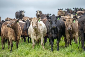 Stud Angus, wagyu, Murray grey, Dairy and beef Cows and Bulls grazing on grass and pasture in a...