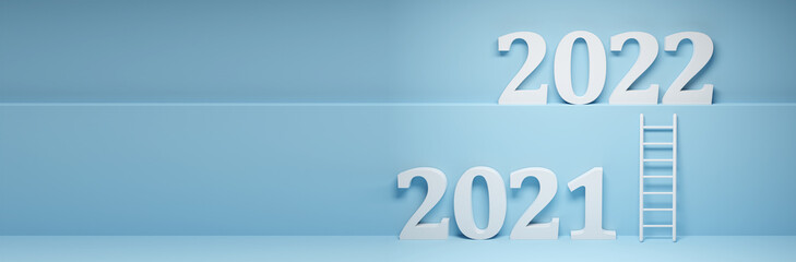 Happy New Year Background. Ladder to success in 2022. 3D illustration
