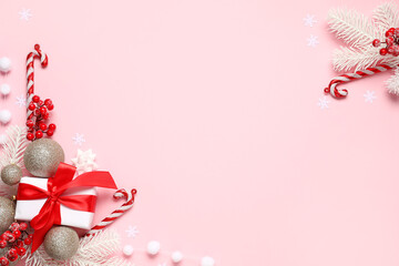 Beautiful Christmas composition with decor on pink background