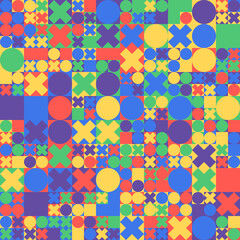 Patrón geométrico abstracto consistente en círculos y cruces aleatorios de varios tamaños en colores infantiles.