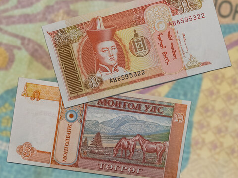 Tugrik banknotes depicting Damdin Sukhbaatar.Cash paper money.
