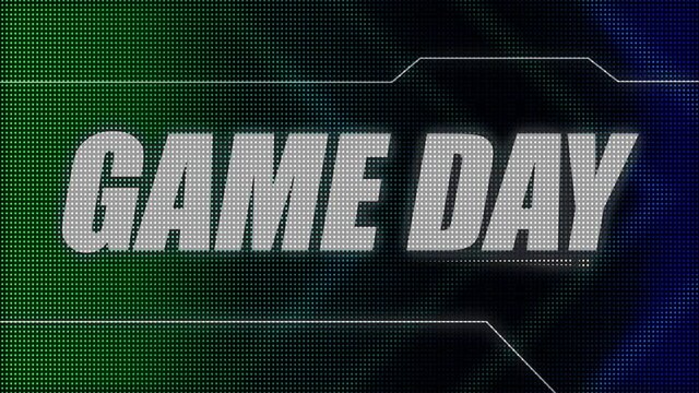 2D animated motion graphics design of a flashing lightboard style sports title card, in classic blue and green color scheme, with animated chevrons and the bold Game Day caption