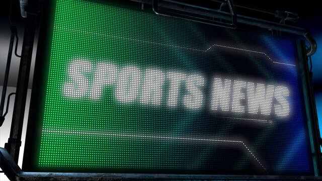 3D animated motion graphics design of a hi tech screen flashing a lightboard style sports title card, in classic blue and green color scheme, with animated chevrons and the bold Sports News caption