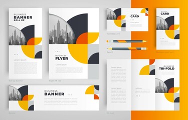 Circles geometric theme Set flyer cover, tri-fold, banner, roll up banner, business card orange color - obrazy, fototapety, plakaty