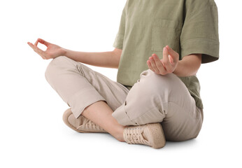 Fototapeta premium Woman meditating on white background, closeup view