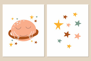 Vector set of posters with planet and star in kids boho style. Boho style nursery decoration. Cute posters.