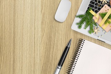 Christmas and new year office work space with keyboard pc, wireless mouse, baubles, gift box.