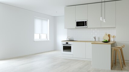 Fototapeta na wymiar Kitchen interier. 3D rendering of a bright kitchen.