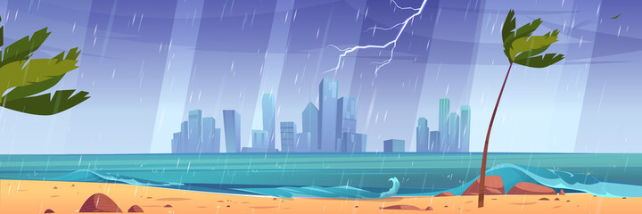 City skyline at storm, modern megapolis landscape at sea waterfront with lightnings, strong wind, rain. Skyscraper buildings at raging water surface under dull cloudy sky Cartoon vector illustration