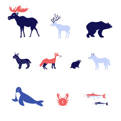 Set of raindeer, elk, fox, fish vector cartoon illustration isolated on white, Simple flat symbol, silhouette icon, decorative mammal sign for design zoo alphabet, protection of Norwegian animals