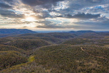 Drone aerial photograph of The Explorers Range in The Blue Mountains in Australia