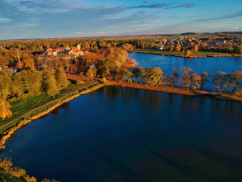 Aerial View Of The Nesvizh Castle And The Lakes Around It In Belarus