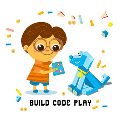 Cute boy is programming. Robot dog is sitting. Robotics for kids, cartoon character. Vector illustration.