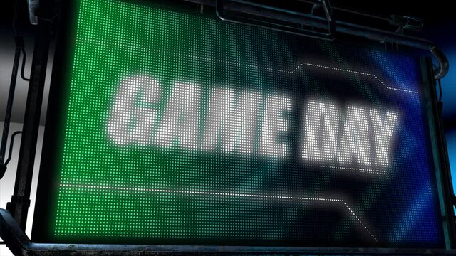 3D animated motion graphics design of a hi tech screen flashing a lightboard style sports title card, in classic blue and green color scheme, with animated chevrons and the bold Game Day caption