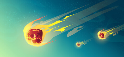 Meteor rain, asteroids or meteorites flying in night starry sky. End Jurassic era, comets with fire trail falling on Earth or alien planet, astronomical or fantasy scene, Cartoon Vector illustration © klyaksun