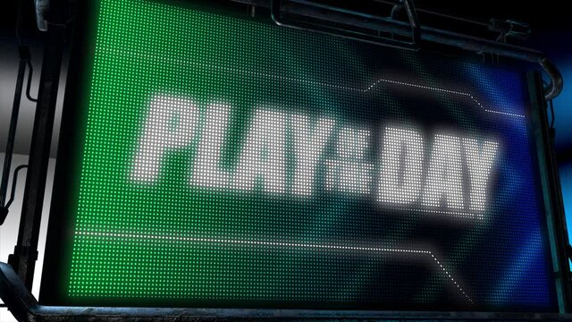 3D animated motion graphics design of a hi tech screen flashing a lightboard style sports title card, in classic blue and green color scheme, with animated chevrons and bold Play of the Day caption