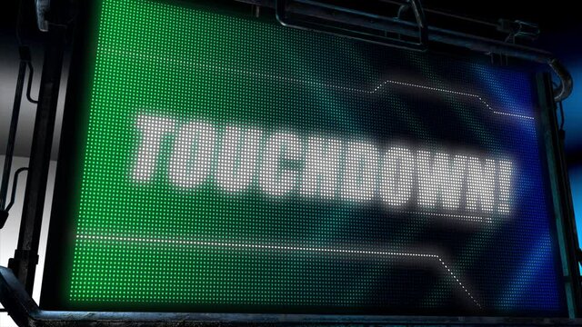 3D animated motion graphics design of a hi tech screen flashing a lightboard style sports title card, in classic blue and green color scheme, with animated chevrons and the bold Touchdown caption