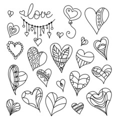 Valentine's Day hearts in doodle style. Holiday design, vector graphics.