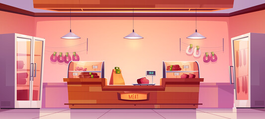 Meat shop, butchery store interior with farm production on showcase, cashier desk and scales. Fresh sausages hang on wall, farmer meaty products, food in supermarket stall, Cartoon vector illustration