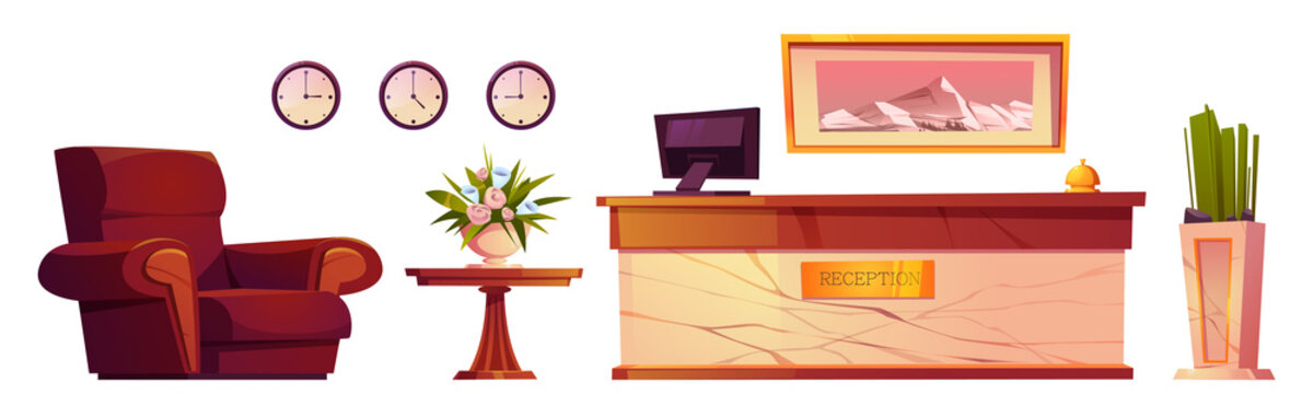 Hotel reception furniture and items. Modern desk with computer and bell, table, flower vase, armchair, clocks and picture on wall. Inn foyer, hall or lobby interior objects Cartoon vector set, clipart