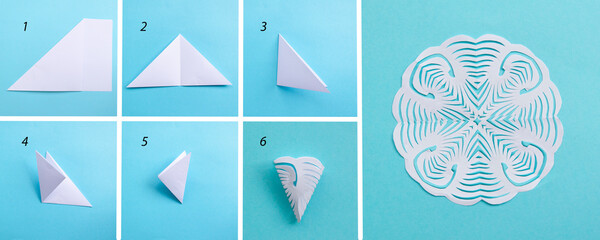 Step by step photo instruction how to make origami paper personalized xmas decoration snowflake. Simple diy with kids children's concept.