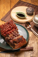 Roast pork, grilled with crispy pork skin, ready to eat.
