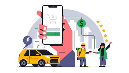 Online food delivery service to your home. Contactless payment for food delivery through the terminal. Feedback to the courier is five stars. Phone, hand, app, money, pay, cash. Vector illustration