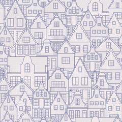 Old european city. Holland houses facades in traditional Dutch style. The Decorative Architecture of Amsterdam. Seamless pattern. Background