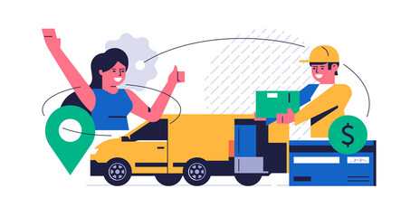 Online parcel delivery service concept. Online service for fast delivery of parcel to your home. A male courier hands over a box with an order to a happy woman. Yellow courier car. Flat illustration