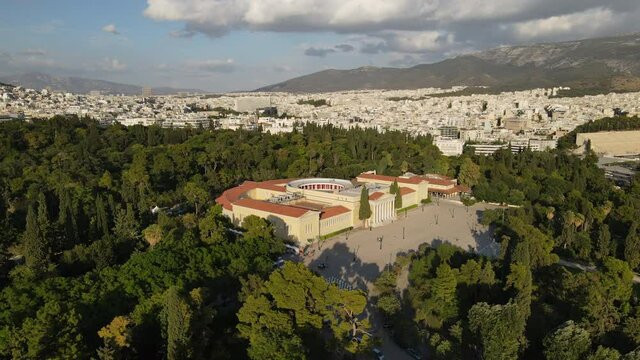 Aerial View of Zappeio Hall Conference Center, Athens, Greece in Green Gardens on Sunny Summer Day, Drone Shot