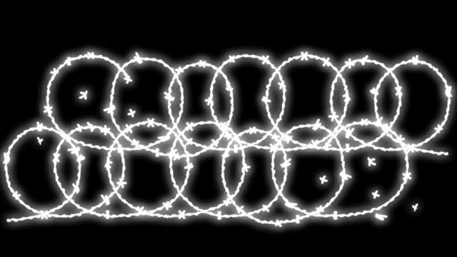 Barbed wire self drawing animation. Symbol of restriction, prison. Black background. Glowing wire, fence.