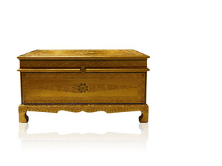 front view Ancient gold brass treasure chest on white background, object, retro, beautiful, copy space