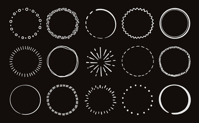 Hand drawn chalkboard circle line badge set. Rustic, chalk grunge style circle badge for frame, label, burst border. Vector illustration. Drawn brush scribble line.