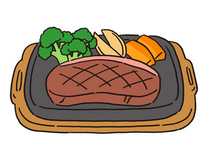 ステーキとブロッコリー、ポテトフライ、にんじんのグラッセの載ったプレート