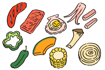 焼肉用のカット野菜と肉のイラストセット
