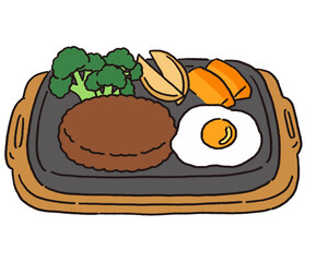 目玉焼きとハンバーグ、ブロッコリー、ポテトフライ、にんじんのグラッセの載ったプレート