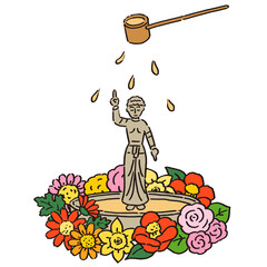 花祭りのお花に囲まれたお釈迦様　甘茶をかけているイラスト