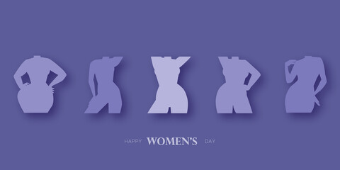 Five women of different cultures dancing together. Women's friendship. Happy Women's day. Mother's Day. Venera, Venus female paper cut style. Bodypositive. Purple. Veri pery.