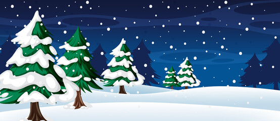 Snow falling at night background with Christmas tree