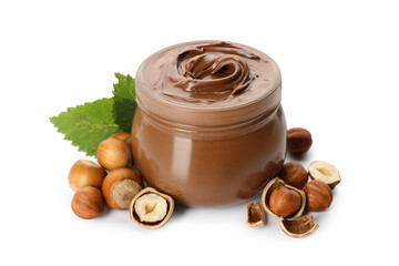 Glass jar with tasty chocolate hazelnut spread and nuts on white background