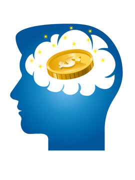 ドルのコイン　財テク為替イメージ　男性の脳内の思考イメージのピクトグラム　シンボル　シルエット　Brain desires, pictograms