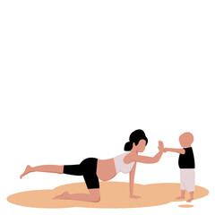 No face pregnant woman is exercising by doing yoga pose. There was a son standing beside her to support. Vector isolate flat design concept for exercising prenatal better for mum and baby or Family.