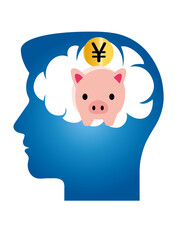 豚の貯金箱と円　貯金イメージ　男性の脳内の思考イメージのピクトグラム　シンボル　シルエット