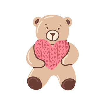 Vector isolated element. A teddy bear with a heart. Decoration for Valentine day. Symbols of Valentine's day. Color image on a white background. The print is used for packaging design.