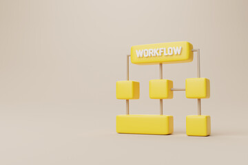 Business process and workflow automation with flowchart. Yellow cube arranging processing management. 3d rendering illustration - obrazy, fototapety, plakaty
